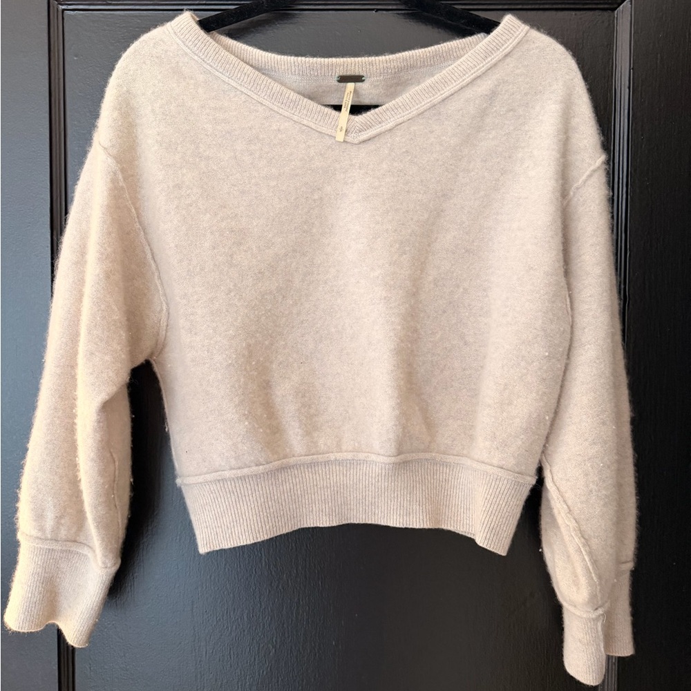 Free People V-Neck Fuzzy Sweater in Light Beige